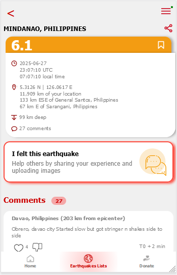 LastQuake testimonies screenshot